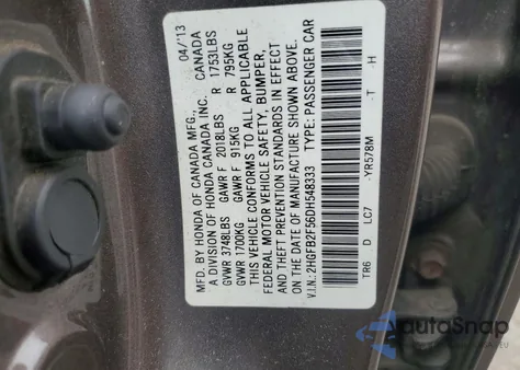 2013 Honda Civic Lx из США, поврежденный, VIN 2HGFB2F56DH548333